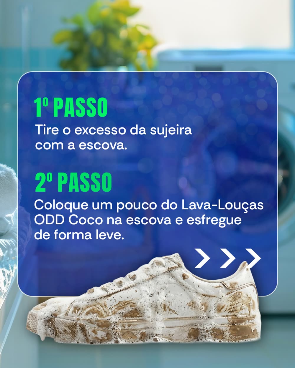 1º passo: tire o excesso da sujeira. 2º passo: use o Lava-Louças ODD Coco na escova